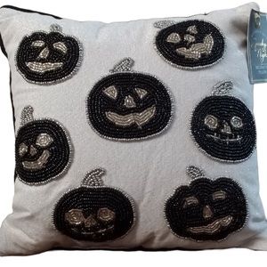 Spooky night black white silver pumpkin jack o lantern beaded halloween pillow